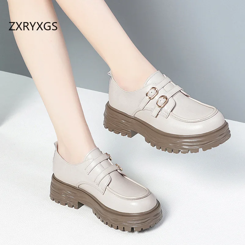 ZXRYXGS British Genuine Leather Shoes Thick Sole Non-slip Heightening Shoes Woman High Heels 2024 Elegant Comfort Loafers Shoes