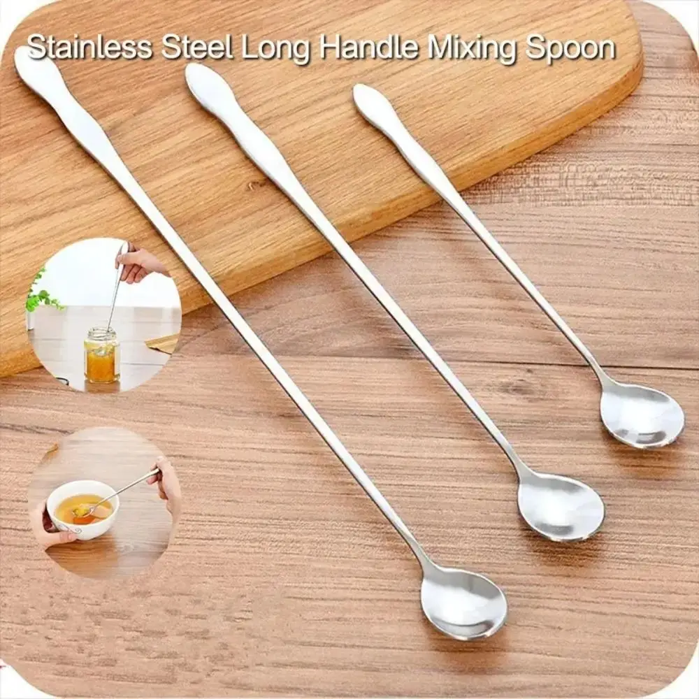 Stainless Steel Long Handle Stirring Spoon Easy Grip Long Handle Beverage Mixing Spoon Rust Resistant Drink Stirring Spoon