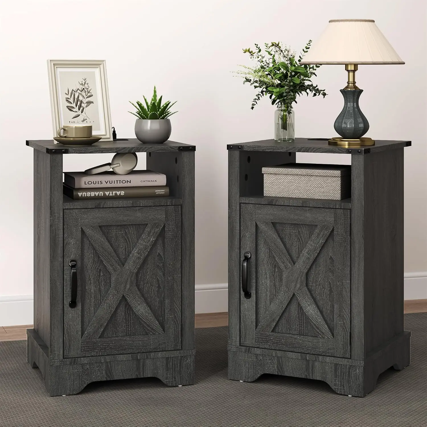 

Grey Tall Nightstand Set of 2 Wooden End Table with Charging Station Large Storage Shelf Bedroom Home Office, Customized