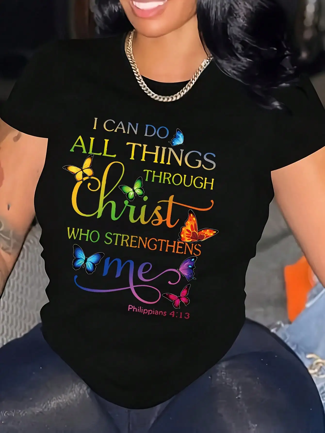 

Женская футболка с коротким рукавом и дизайном бабочки: «Я могу все через Христа, Который меня укрепляет», Филиппийцам 4:13