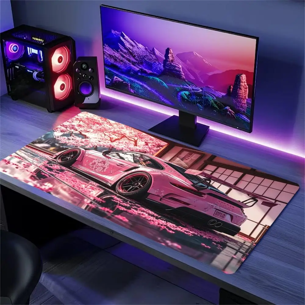 Sakura Sports Car Extended Desk Mat Non Slip Rubber Stitched Edge Large Mousepad for Laptop PC Office Desktop Gaming Setup