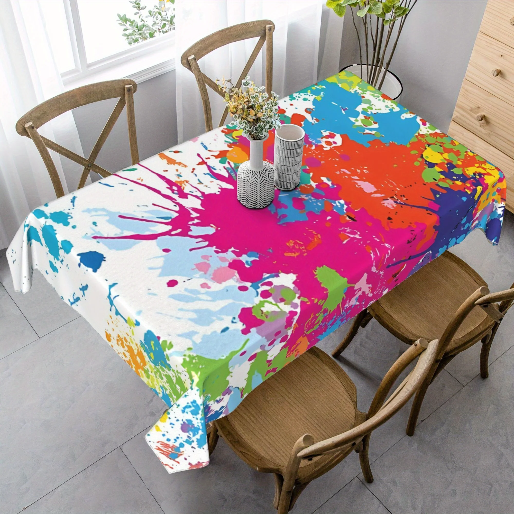 1PC Vibrant Splash Pattern Tablecloth - Washable Polyester, Rectangular Design With Paint Splatter Artwork, Perfect For Wedd