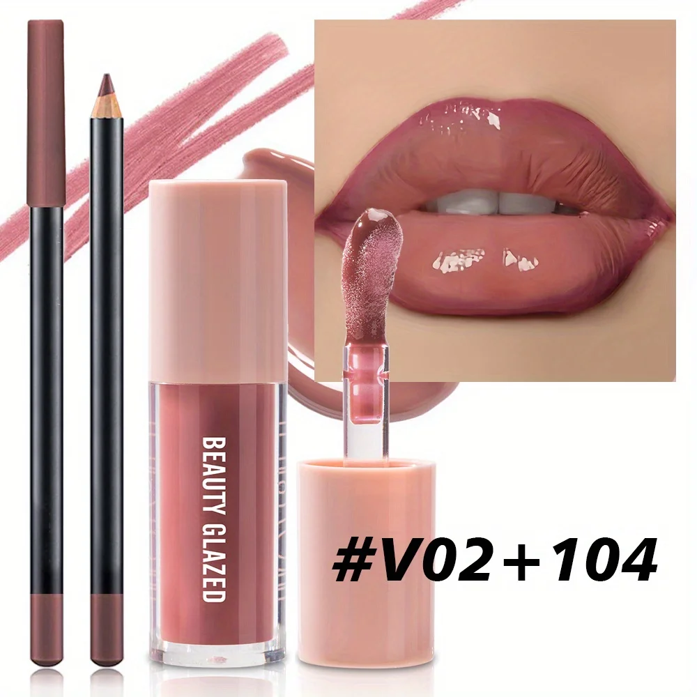 Set trucco labbra texture velluto 2 pezzi/set - Matita labbra - Smalto labbra - Effetto opaco impermeabile a lunga durata, Rosso, Marrone, Crea umidità