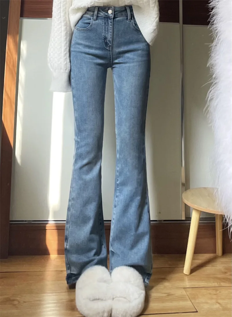 Light Blue High Waist Flared Jeans Women's Autumn New Large Size Small Height Straight Leg Floor-Length Bell Pants