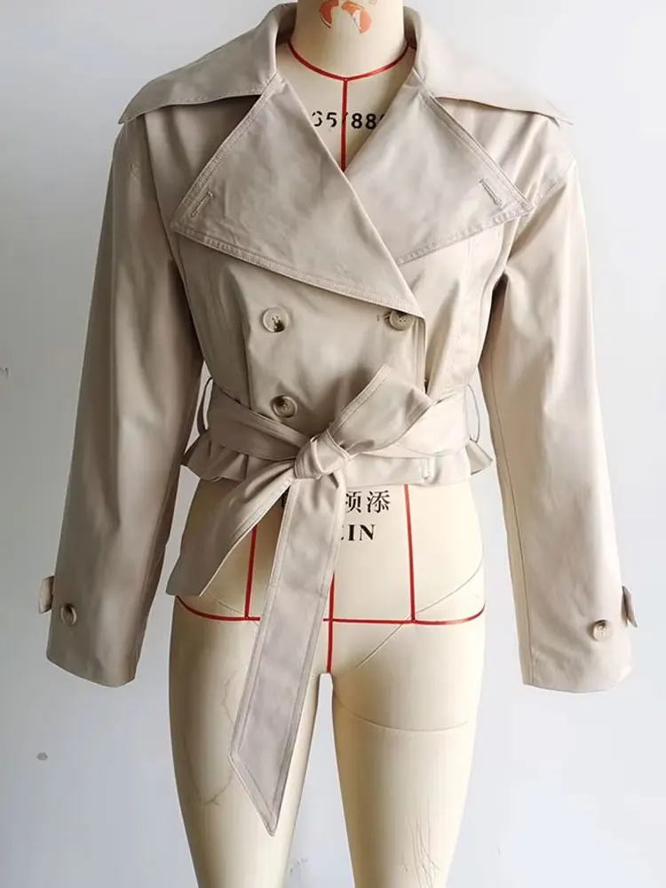HH 2025 Spring Retro V-neck Double Breasted Women\'s Pocket Top Loose Jacket Women\'s Street Casual Lace-up Short Trench Coat