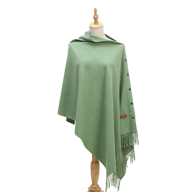 Spring Autumn Women Imitation Cashmere Lady Shawl Warm Pure Color Tassel Cloak Shawl Scarf Dual Purpose Poncho Capes Pink