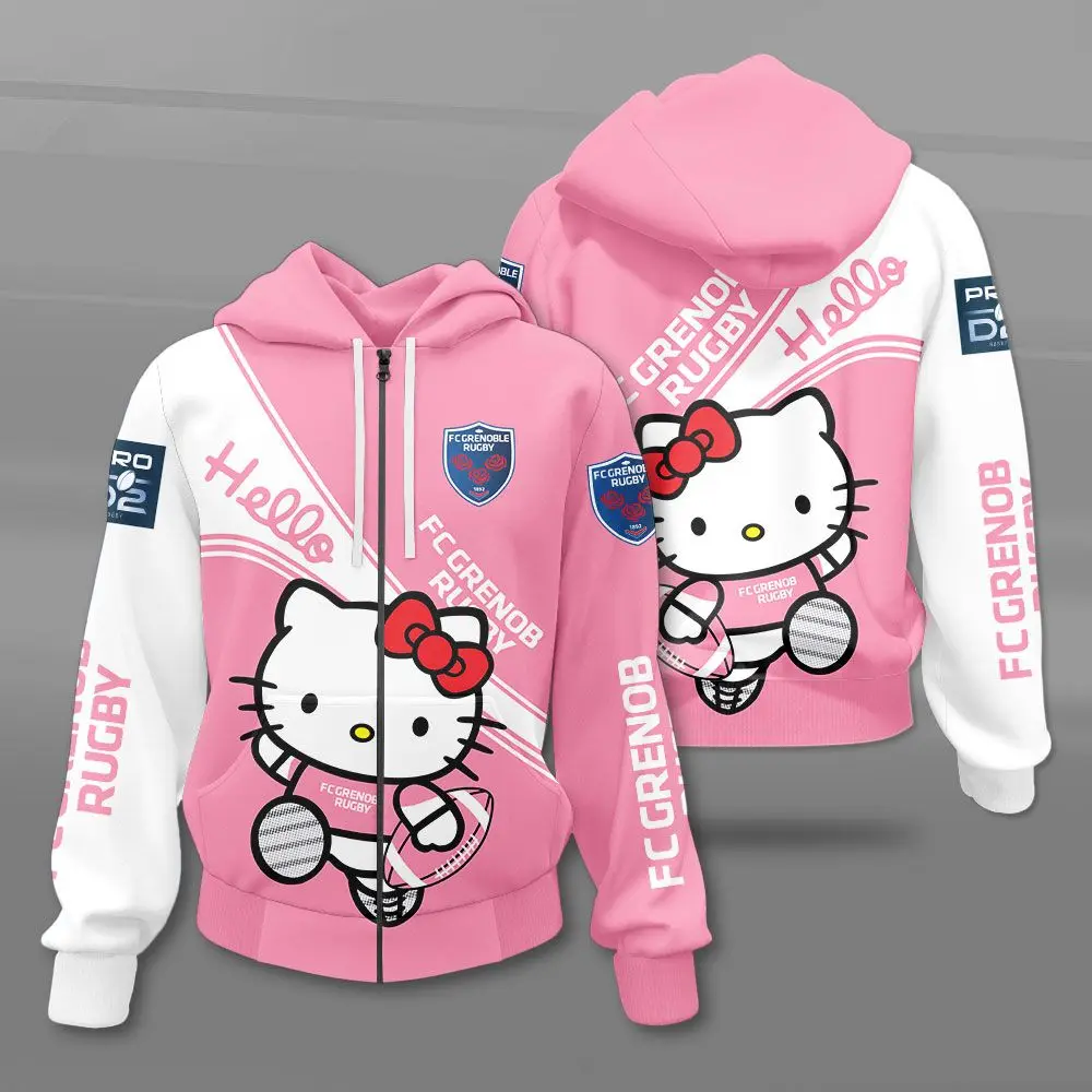 New Hello Kitty Pattern Printed Long Sleeves Sport Draw String Zipper Hoodie Casual Comfortable Round Neck Adult Sweatshirt