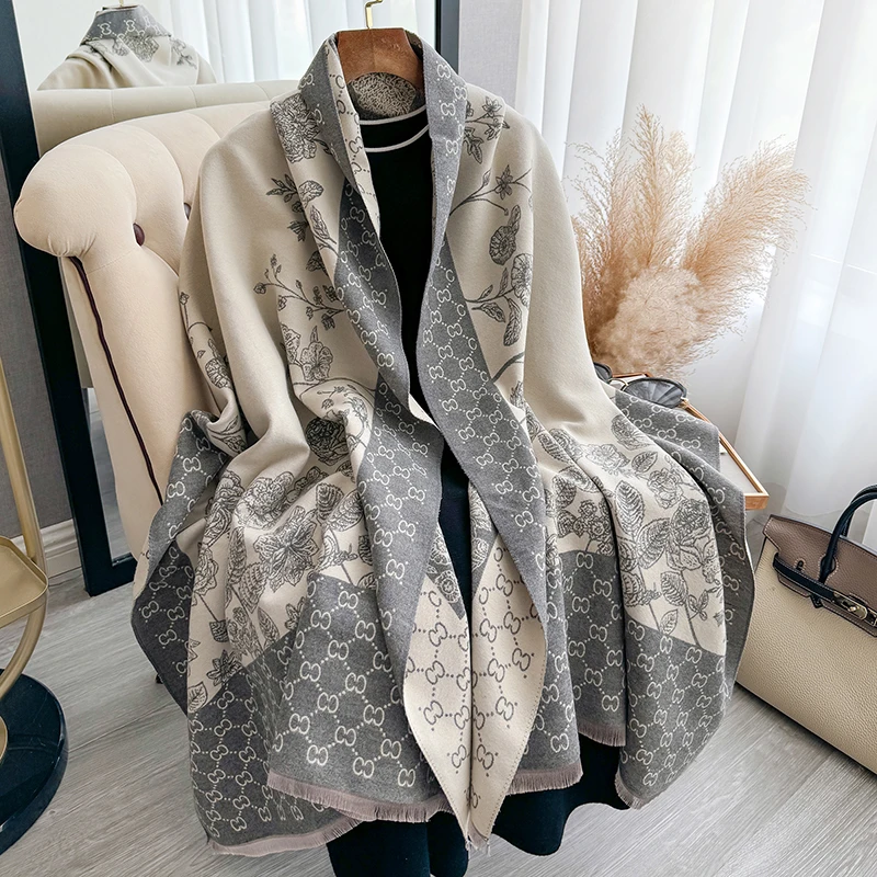 New Luxury Cashmere Plaid Rose Scarf Winter Women Pashmina Shawls Warm Blanket Wraps Female Thick Scarves Bufanda Scarf