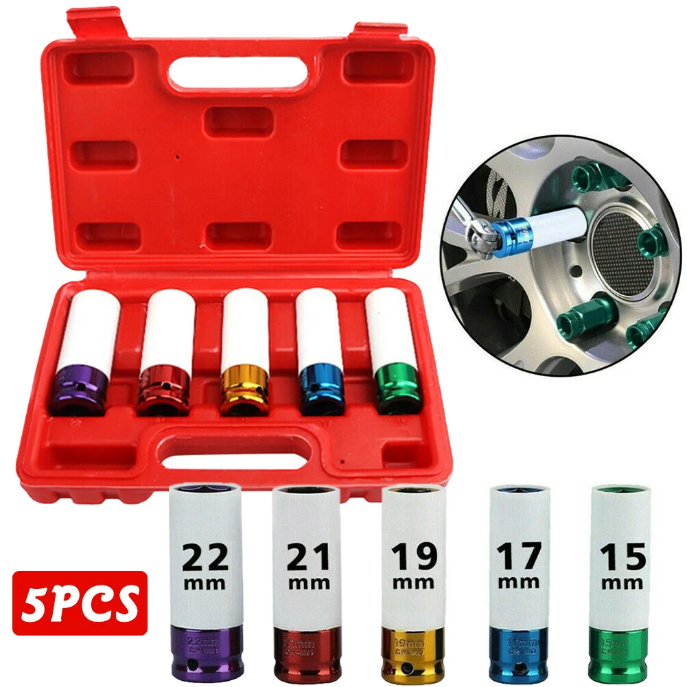 5pcs 15mm 17mm 19mm 21mm 22mm Sleeve Alloy Thin Wall Wheel Nut Deep Impact Socket Set Tire Protection Repair Kit Durable