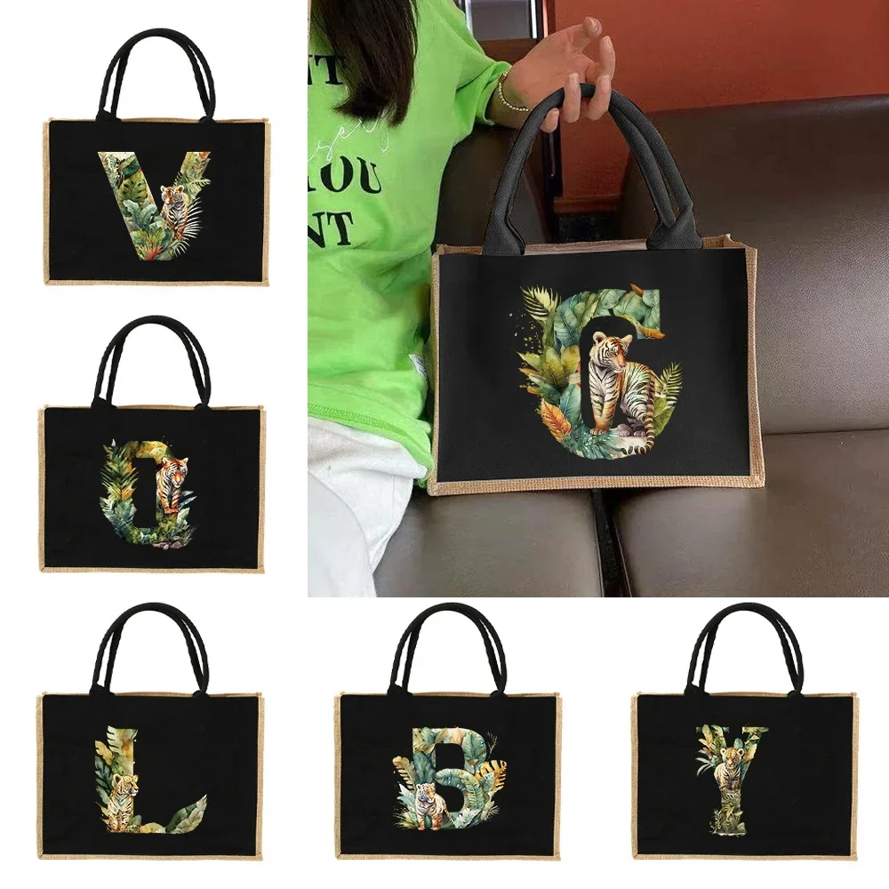 Large Capacity Environmental Protection Linen Shoulder Bag Jungle Tiger Letter Printing Jute Imitation Sack Women's Shopping Bag