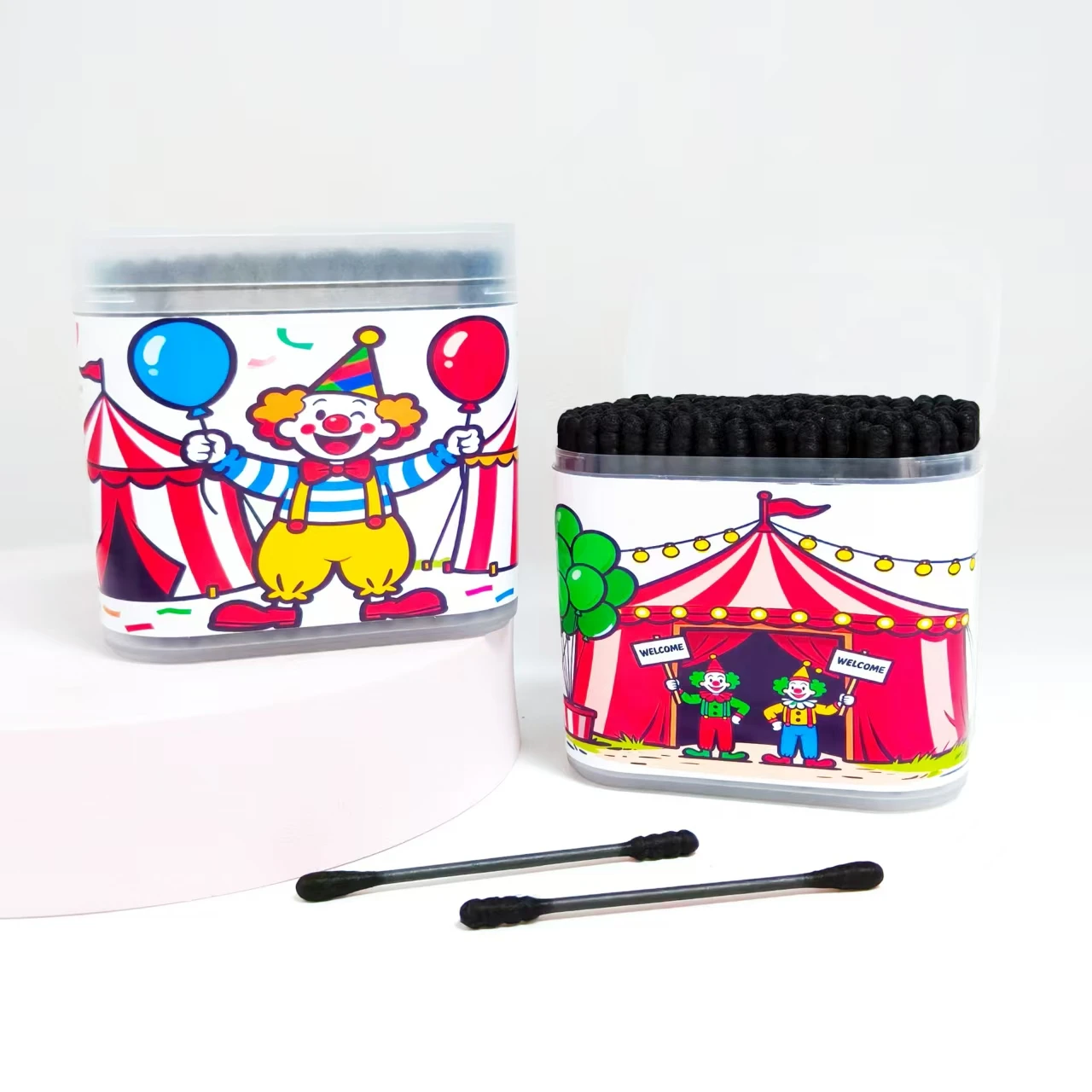200개/400개 서커스 패턴 면봉 볼 블랙 양면 선물용 면봉