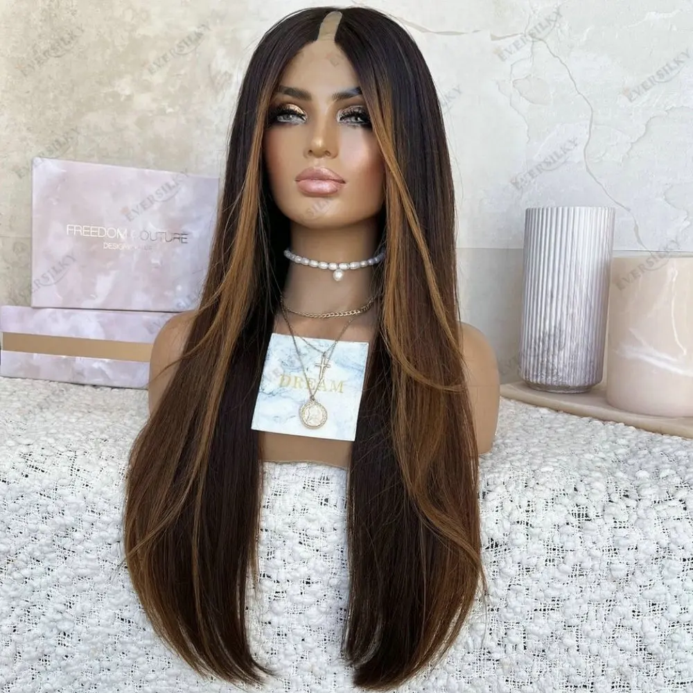 Honey Brown Highlight U Part Wig Human Hair Wigs Long  Straight Adjustables Omber Brown Glueless 1*4 Size V Part Wig Indian Hair