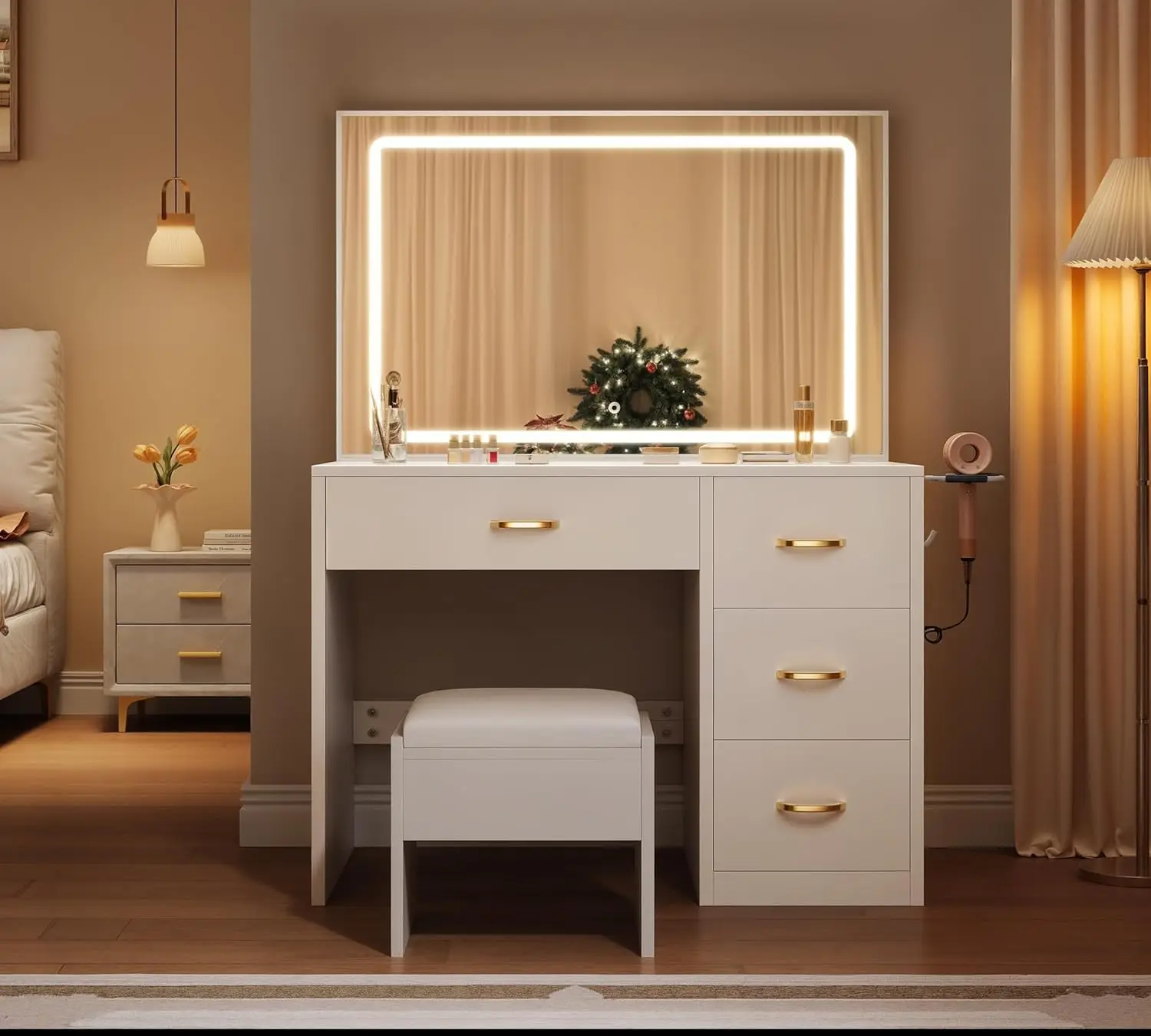 

Vanity Desk Set with Large 35" LED Mirror and Lights, Makeup Table with 4 Drawers & Stool, 2 AC Outlets and 2 USB Ports