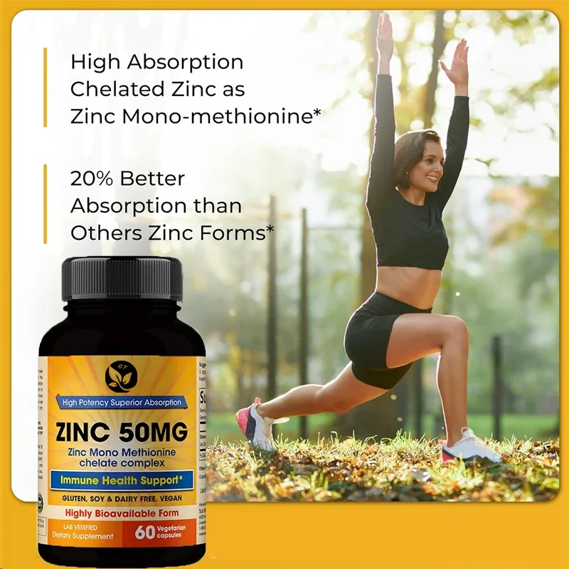 Zinc Supplement 50mg, 60 Capsules, Vegetarian Capsules Highly Absorbed For Healthy Skin, Immune System, And Antioxidant Support