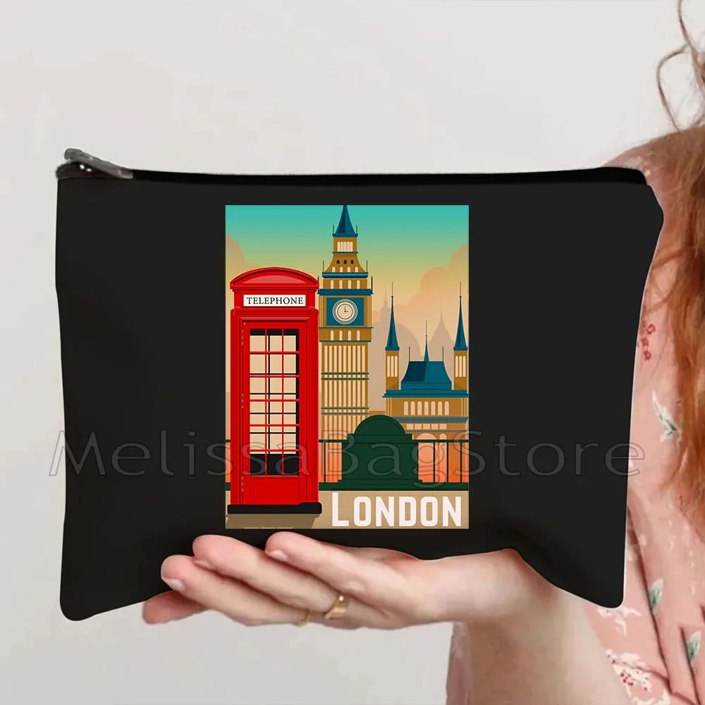London England Flag Map Skyline United Kingdom Bus Big Ben Bridge Phone Booth Gift Canvas Storage Cosmetic Bag Makeup Case Pouch
