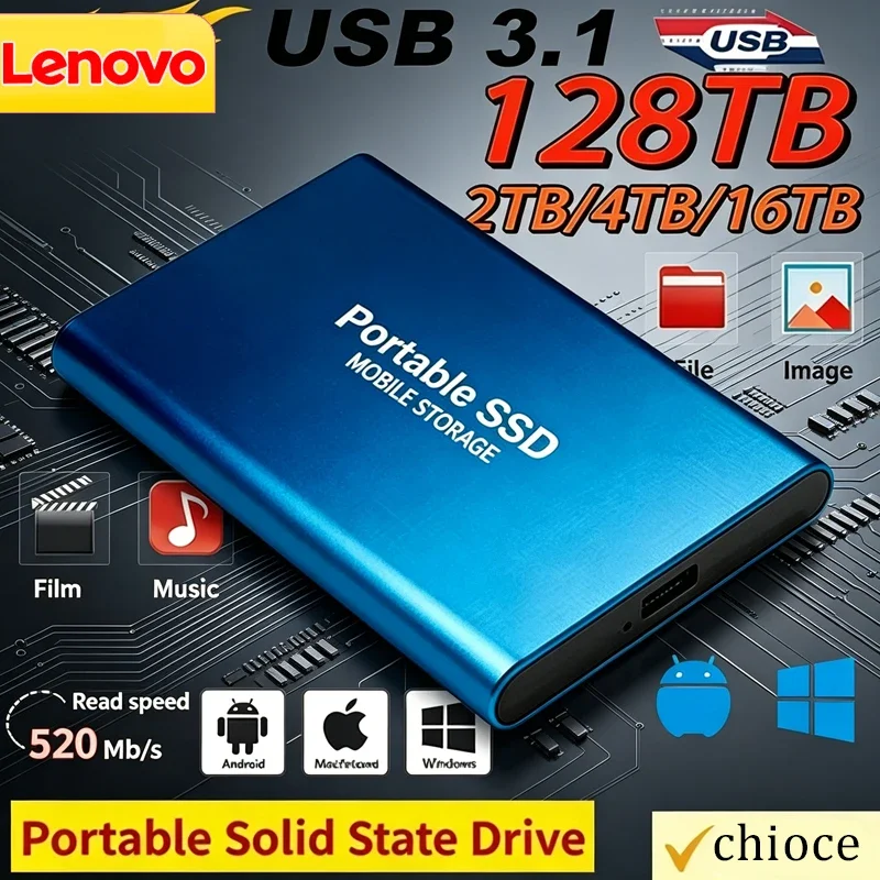 

Внешний твердотельный накопитель Lenovo 1 ТБ, высокоскоростной жесткий диск 2 ТБ, портативный SSD USB 3.1 128 ТБ для ПК/ноутбука/Mac/телефона
