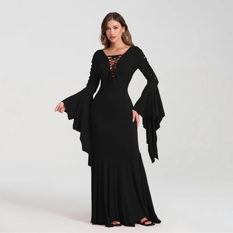 Costume da vampiro di Halloween da donna vestito Cosplay aderente gotico con lacci e dettagli ritagliati