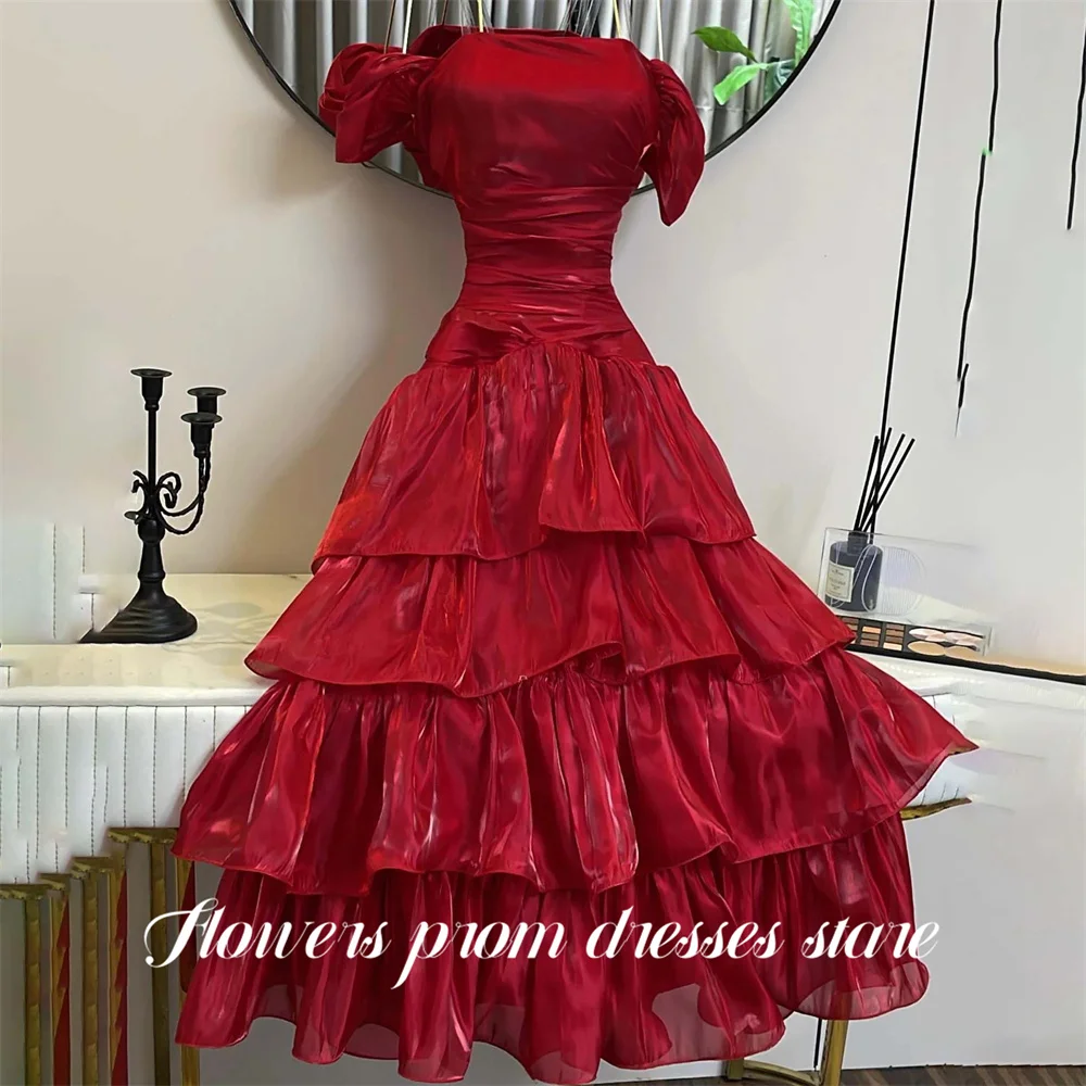 

Flowers Red 프롬 드레 Off the Shoulder Short Sleeve Prom Gown A Line Chiffon Party Dress for Formal Event Layered Hem Customized