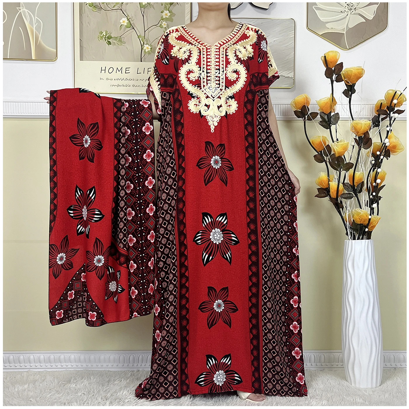 New African Summer Lady\'s Short Sleeve Robe Muslim Abayas Floral Printing Cotton Loose Maxi Caftan Women Casual Dress With Scarf