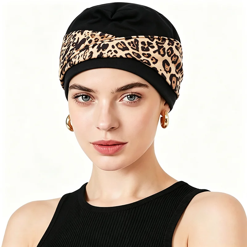 Leopard Print Twist Headband Muslim Inner Cap Slouch Soft Turban Hat Fashion Women Hijab Under Cap For Daily Wear