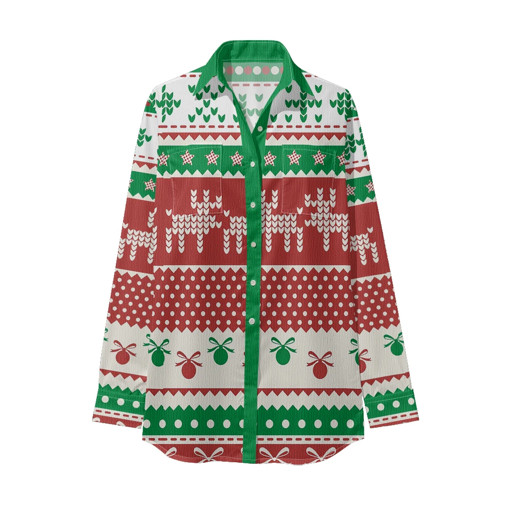 

Christmas Button Up Printed Shirt Red Back with White Reindeer Pine Trees Snowflake Geometric Stripes Long Sleeve Holiday Wear