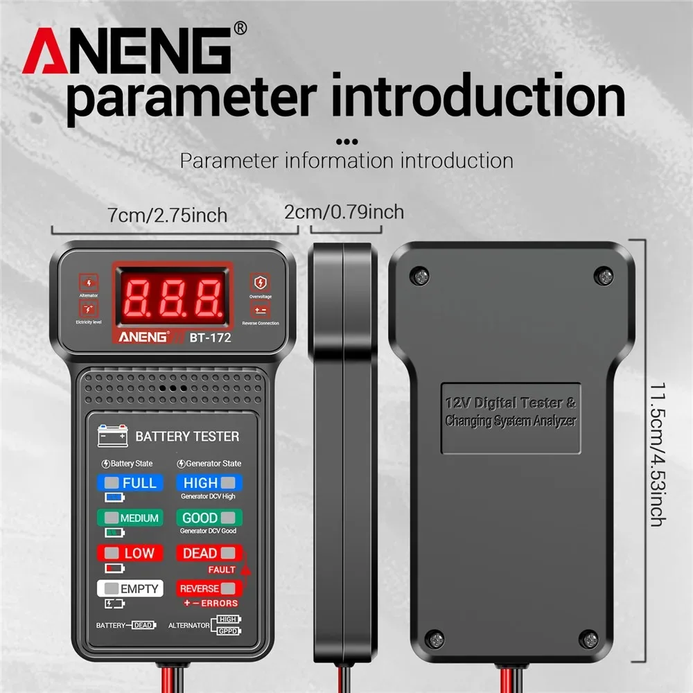 ANENG BT-172 12V Car Battery Tester Digital Battery Analyzer Voltage Meter Charging System Test Tool with Alligator Clips