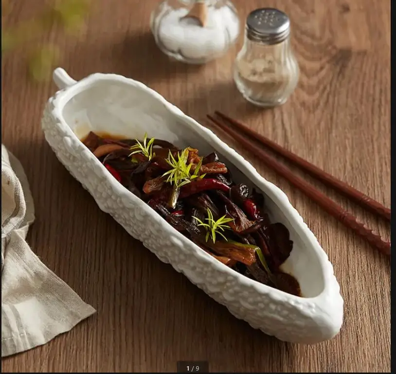 

Bitter Gourd Shaped Ceramic Plate Serving Dinner Plates Long Deep Dish Restaurant Decorative Tableware Dessert Bowl Tray
