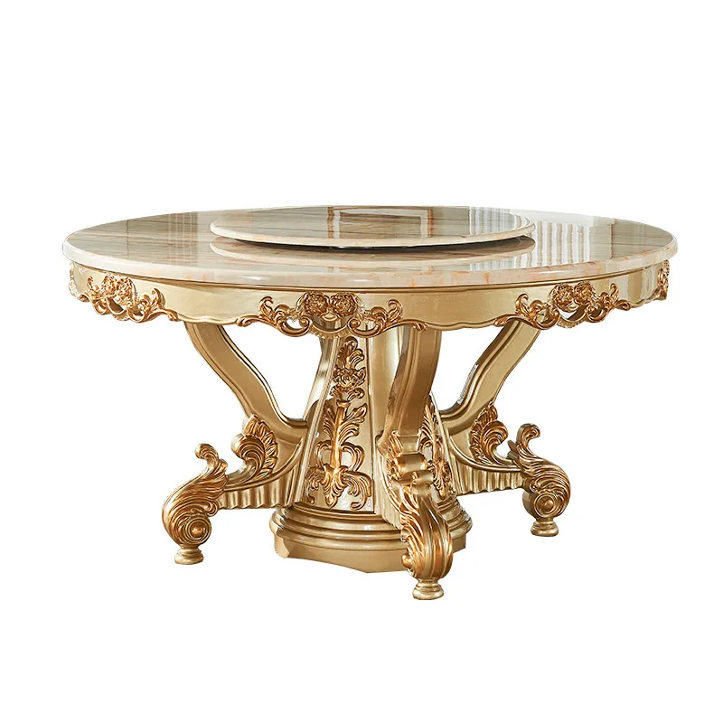 

European marble dining table, champagne gold round table, all solid wood dining table, home hotel luxury dining table and chairs