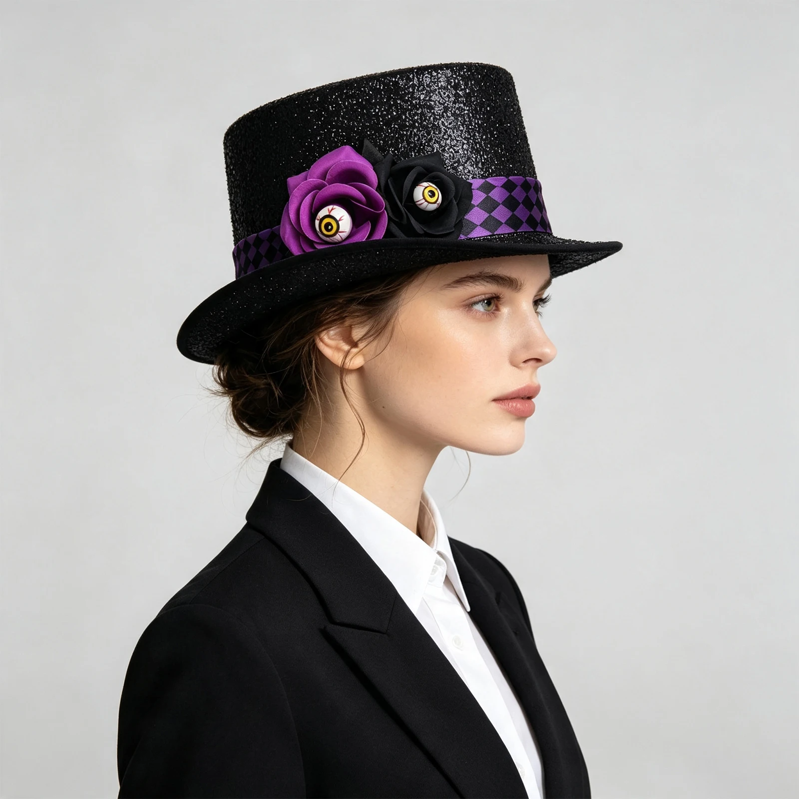 Gothic Tall Top Hat 3D Flower Decor Checkerboard Ribbon Spooky Clown Hat Costume Accessory for Adults Halloween Masquerade 3