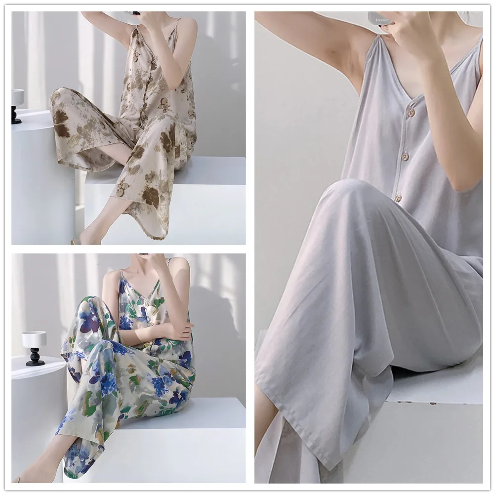 

Women's Summer Thin Viscose Sleeveless Pajama Set Ultra-soft Breathable Loose Fit Sling Long Pants Pyjamas For Summer