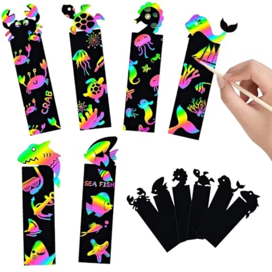 60PCS 6Style Scratch Paper Art Bookmarks Magic Scratch Rainbow Bookmarks Making Kit DIY Bookmarks Bulk with Scratching Tools Ri