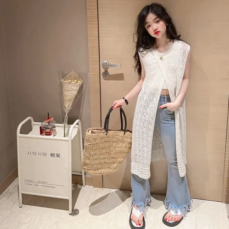 Kids Clothes Girls Summer 2023 Knitted Long Vest Dress Jeans 3pcs Teen Outfits cut-out  Design Fashion Children Set 10 12 years