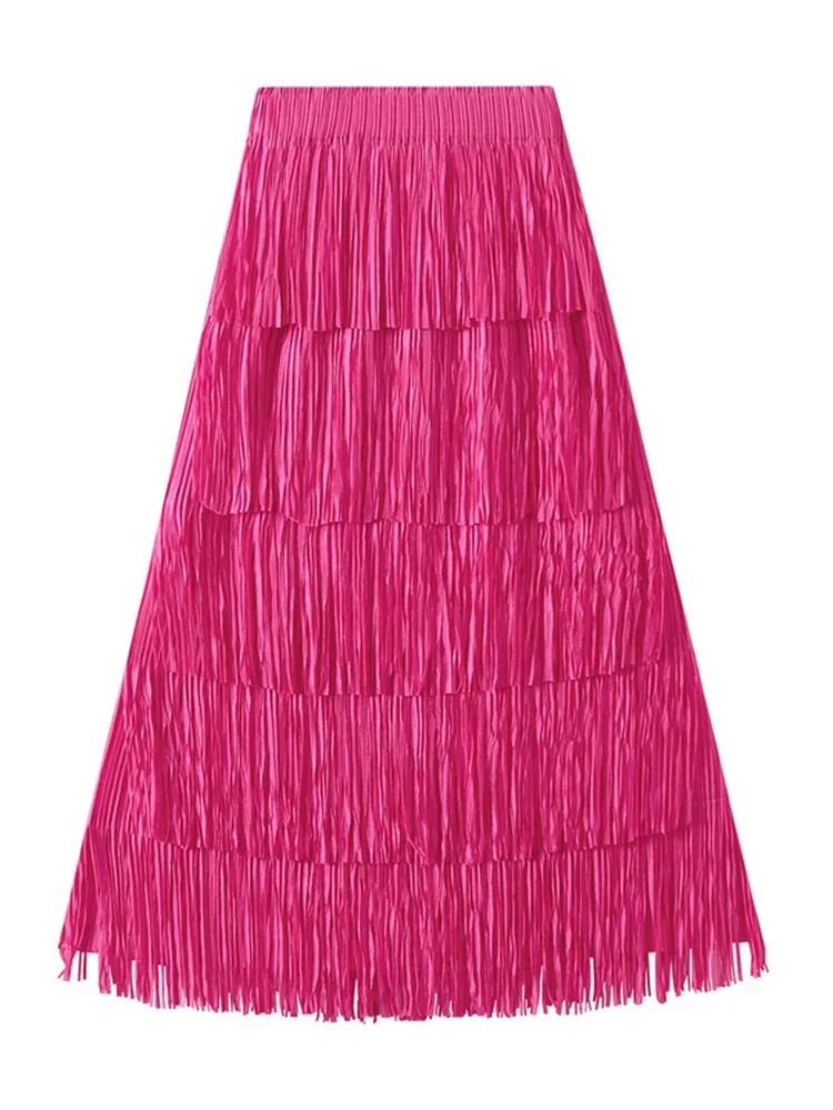 

LANMREM Pleated Tassel Long Skirts for Women High Waist Solid Color Stitching Elegant Party Clothing 2024 Summer Autumn L623