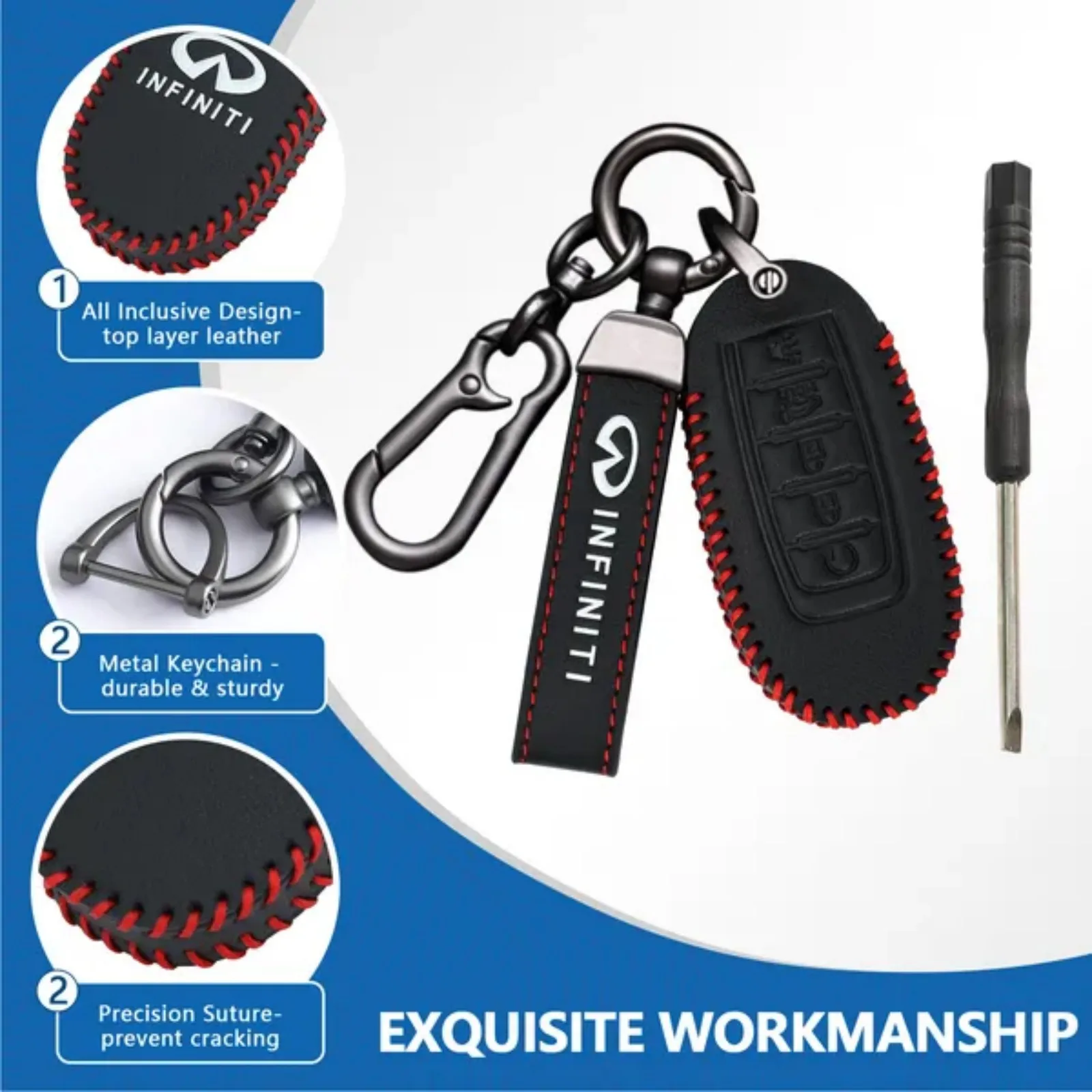 Leather Key Fob Case Cover for Infiniti with Key Chain, Key Holder Replacement Keychain for Infinity EX25 FX35 FX37 X50 G25 G35 G37 Q40 Q50 Q60 Q70 QX50 QX56 QX70 (5 Button)