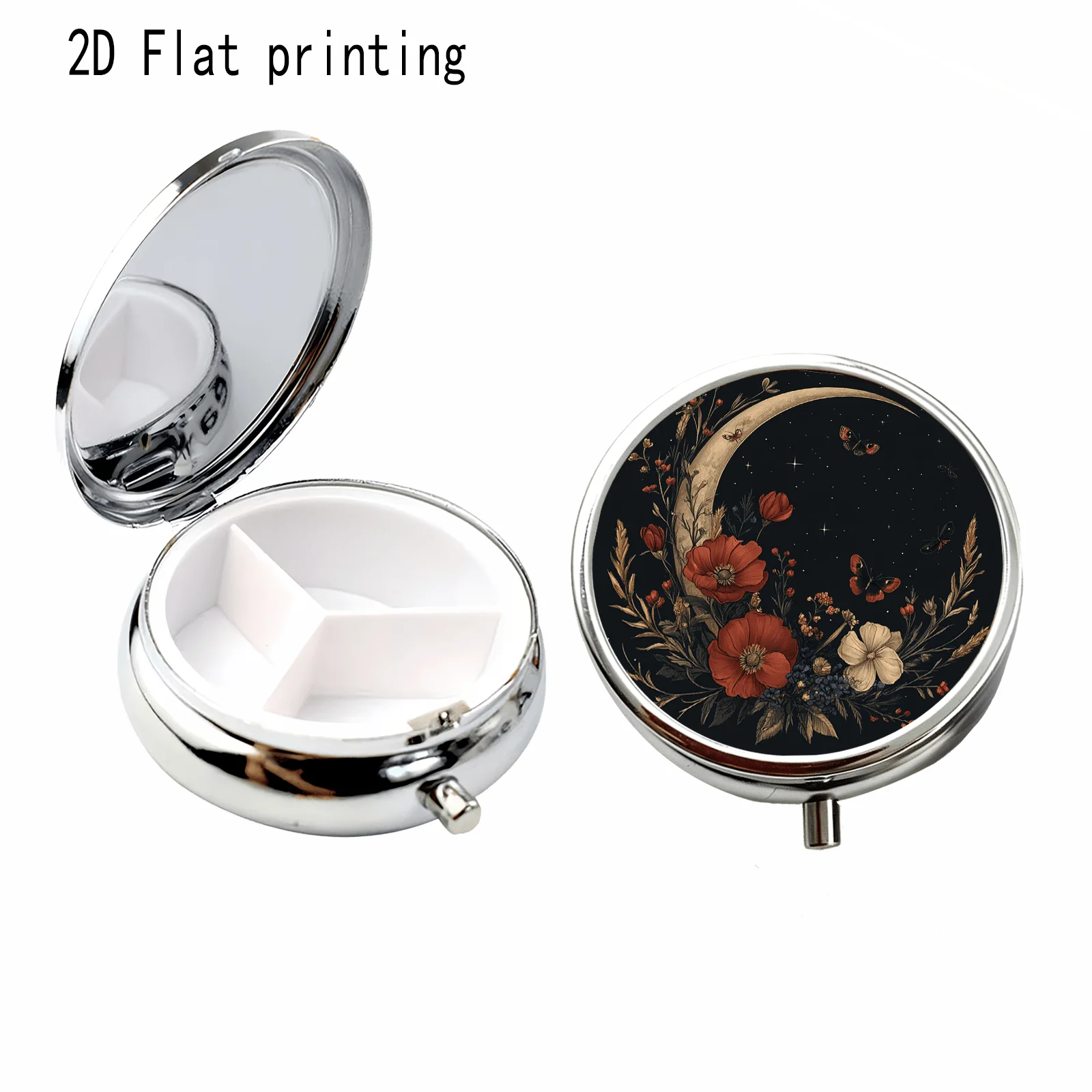 Dark-Style Crescent Moon Poppy Flower and Butterfly Illustration Pattern, Round Three-Compartment Small Medicine Box, Portable Medicine Storage, Small Jewelry Storage, Suitable for Handbags or Travel, Holiday Gifts, Souvenirs, Prizes, Small Gifts, Suitable for Personal Use or as an Exquisite Gift Option