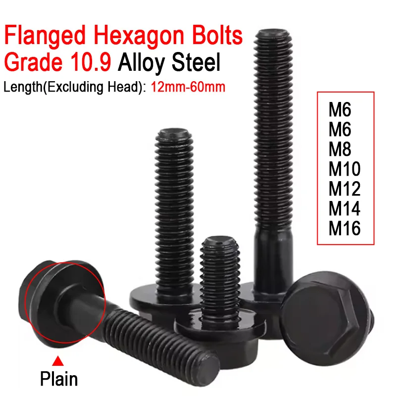 1~5pcs High Tensile Flanged Hexagon Bolts M6 M8 M10 M12 M14 M16 Grade 10.9 Flange Screws Fully/Partly Threaded Length 12mm-60mm