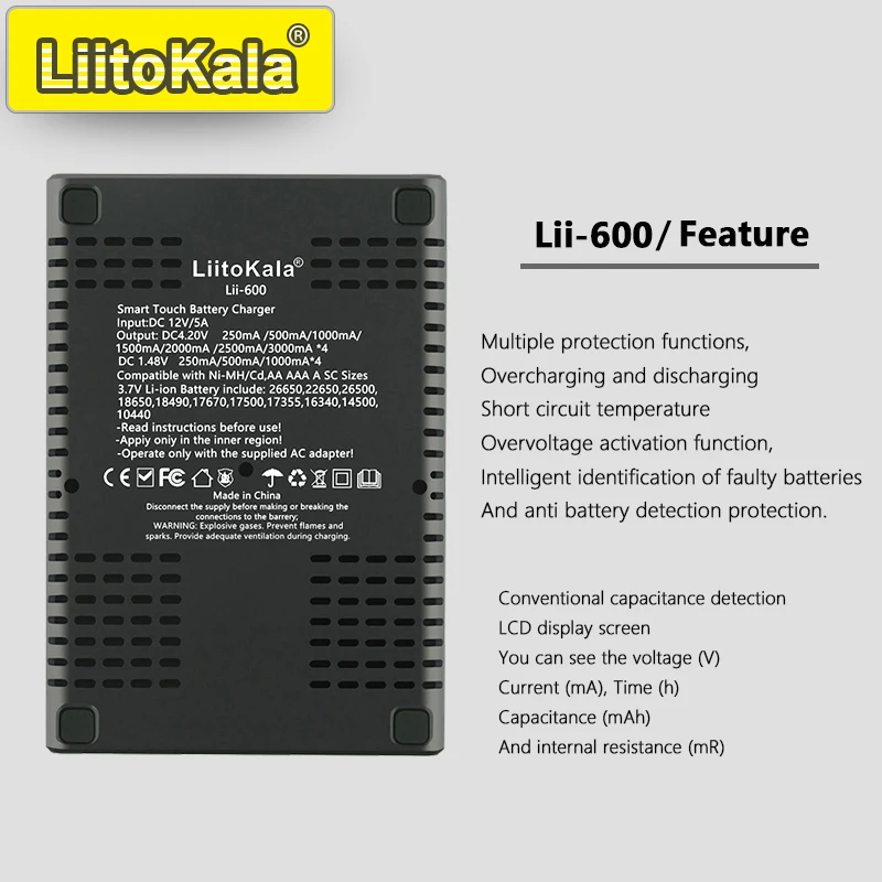 LiitoKala Lii-600 4 Bay LCD Smart Charger 3A Fast Charging 18650 21700 26650 26700 Li-ion NiMH AA AAA C Capacity Tester
