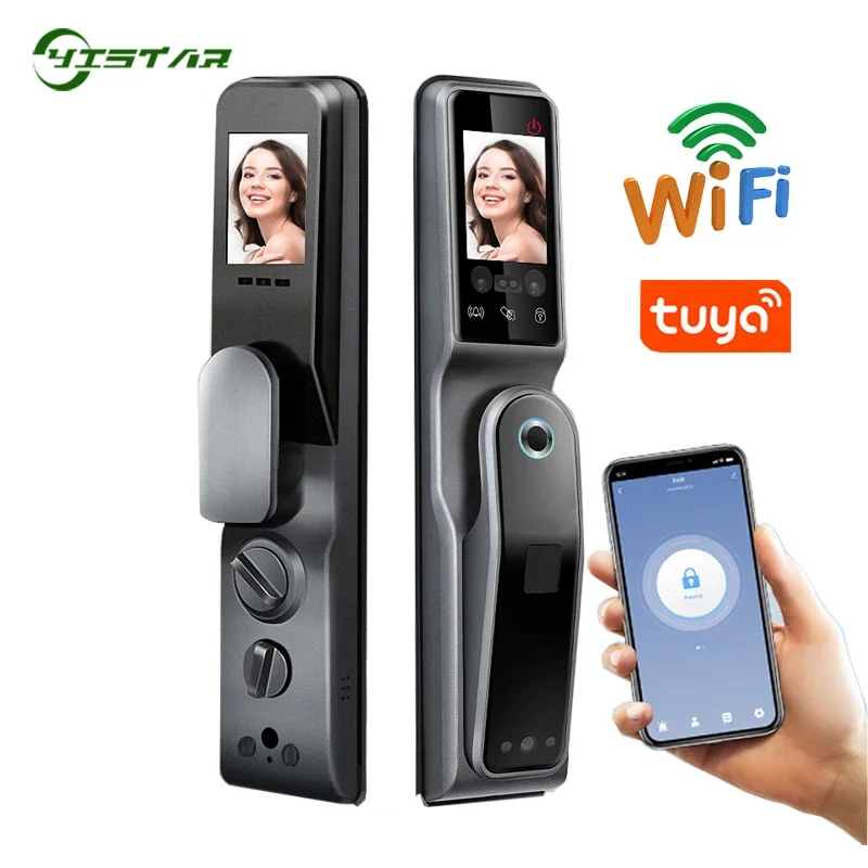 Tuya wifi telefone desbloquear rosto reconhecimento facial fechadura da porta inteligente com câmera impressão digital palma cartão senha chave fechadura da porta de casa