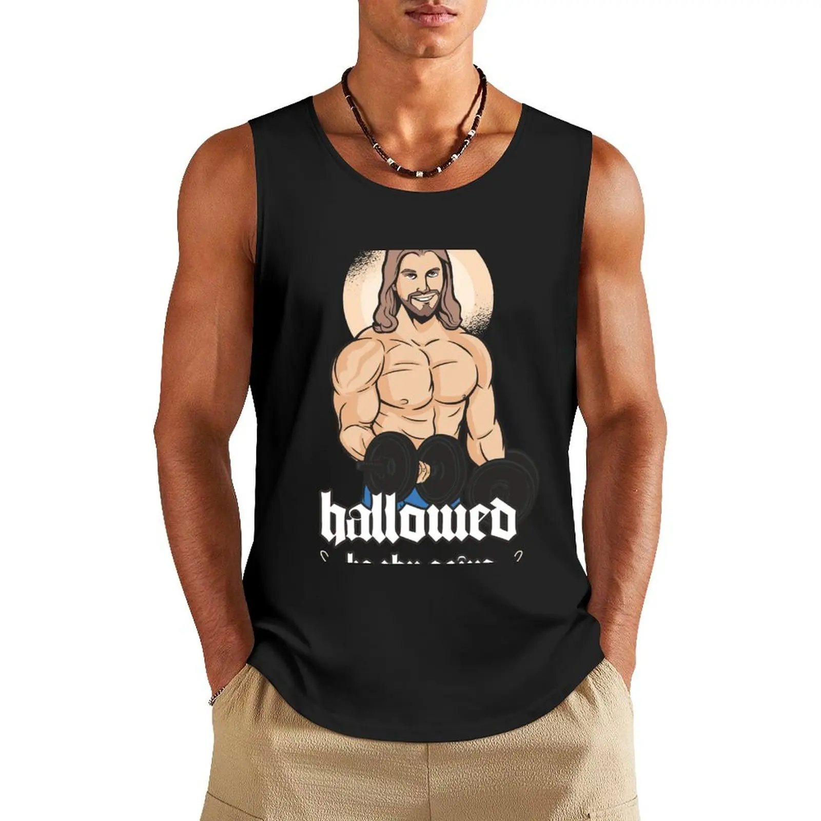 Hallowed Be Thy Gains Weightlifting Cartoon Pun Tank Top Man clothes for gym Male clothes Sleeveless top