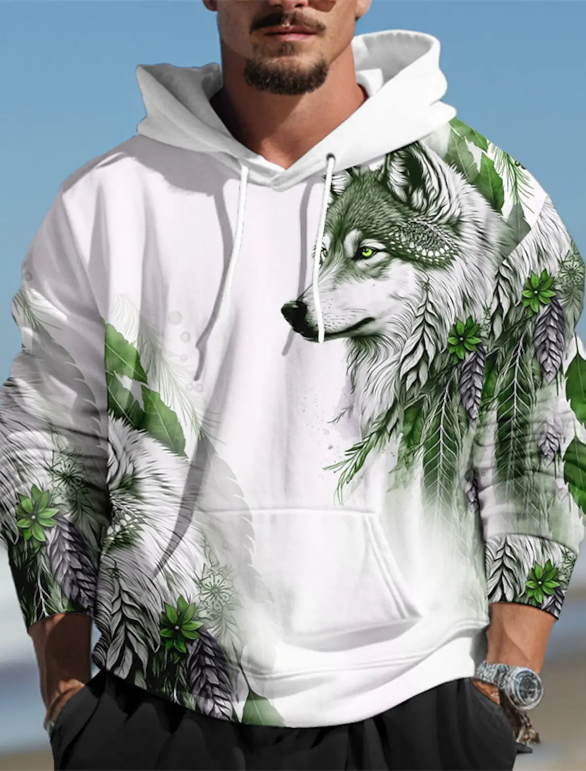 Wolf Graphic Men\'s 3D Print Pullover Streetwear Hoodies Dark Green Green Long Sleeve Hooded Print Spring & Fall Designer