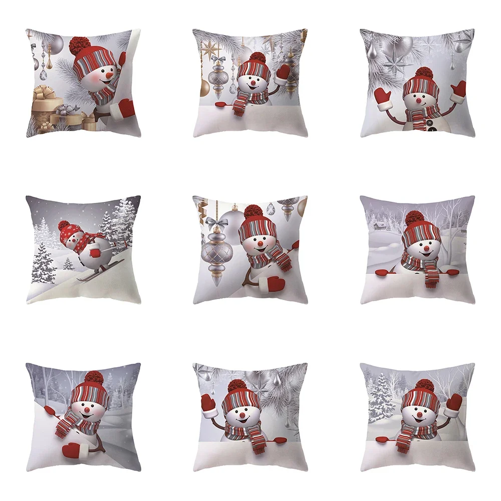 Cute Snowman Merry Christmas Print Pattern Cushion Cover Home Living Room Sofa Decoration Square Pillow