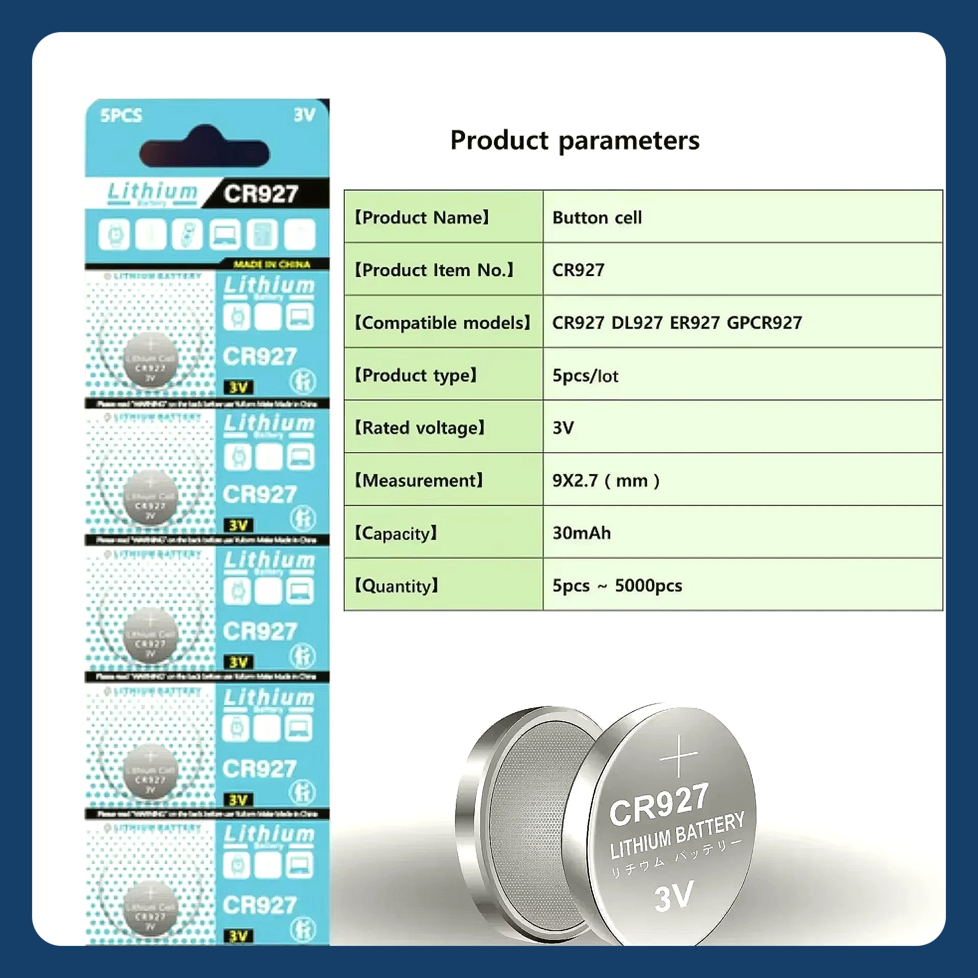 

2-50PCS 3V Performance Lithium Batteries CR927 CR 927 DL927 BR927 CR927-1WFor Remote Control Light Toy Watch Button Coin Cells