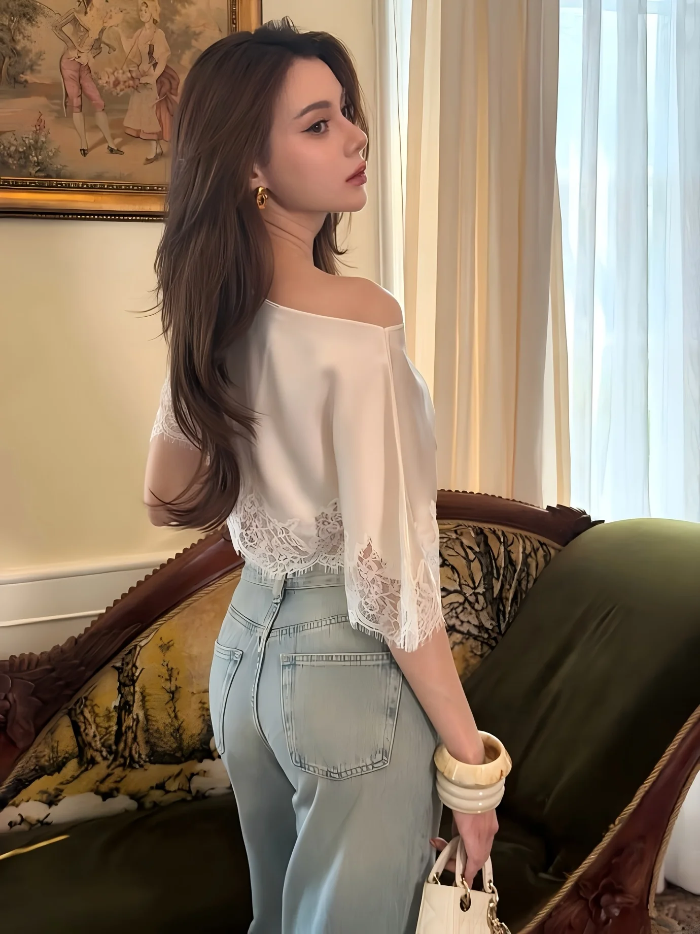 Women's Satin Off-Shoulder Crop Top with Eyelash Lace Hem Cape Sleeve Sexy Blouse for Special Occasions