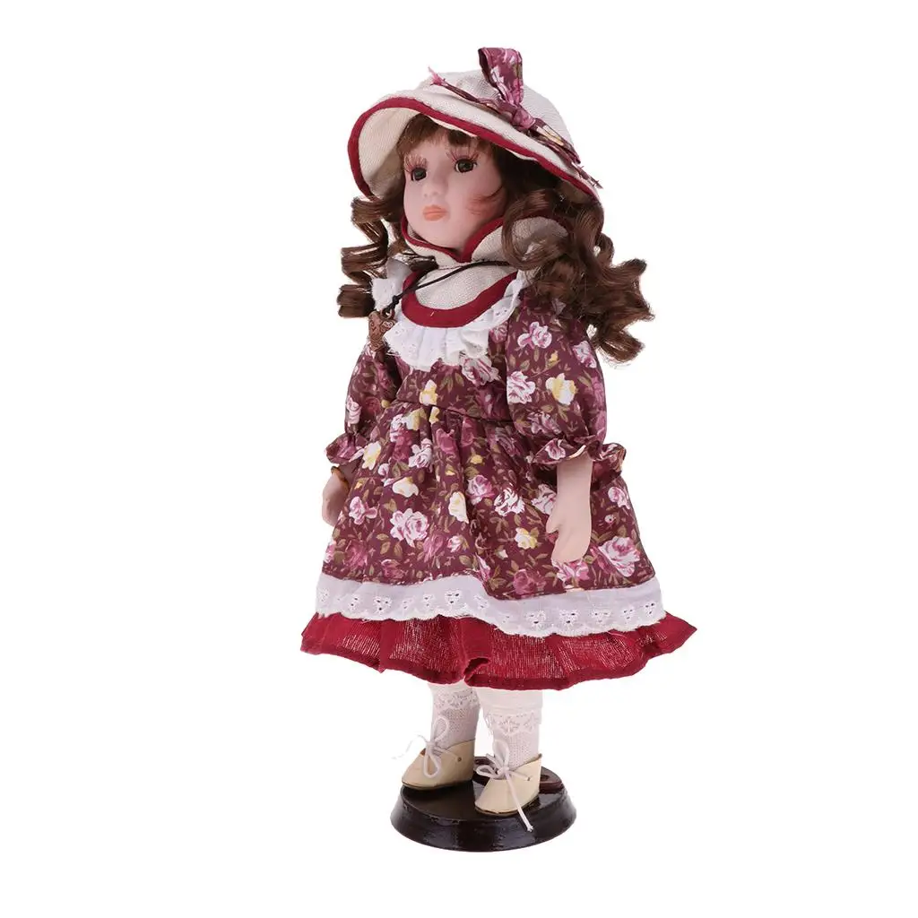 30cm Porcelain Doll Girl Standing Figures with Wooden Stand Adult