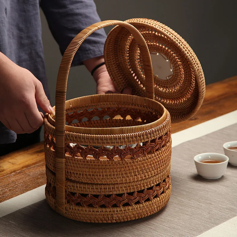 

Portable Trays Picnic Basket Cake Bread Plate Fruit Lunch Box Handwoven Rattan Storage Basket Double-deck Dessert Food Container