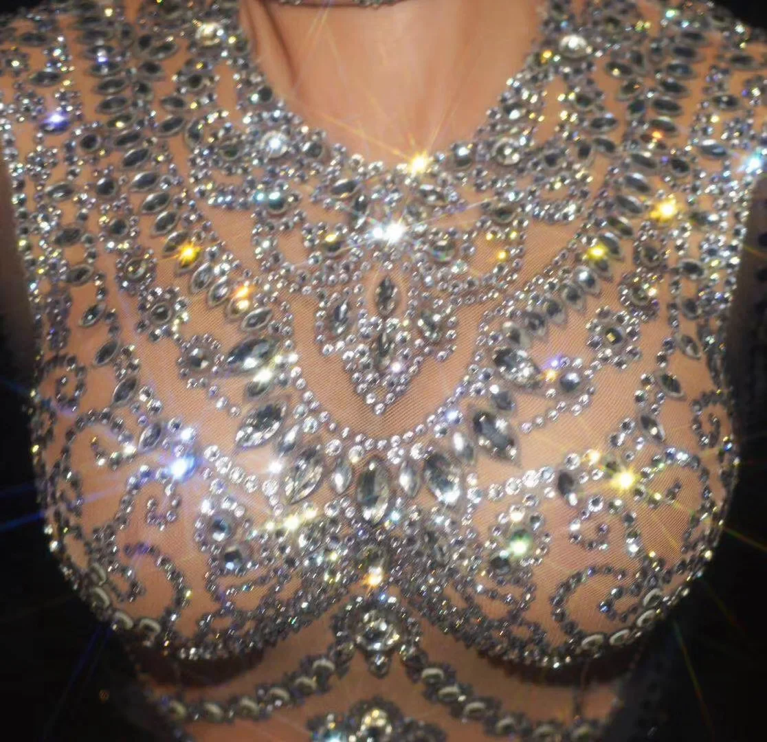 Nude Shining Rhinestones Sparkly Long Tassel Sexy Dress For Women Nightclub Clothing Stage Singer Costumes Party Evening Wear