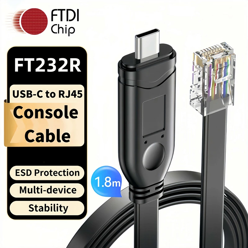 

1.8m FTDI Chip FT232R USB-C Console Cable Type-C Male to RJ45 8P8C Jack Rollover Console Cable for Cisco Huawei H3C Tengda