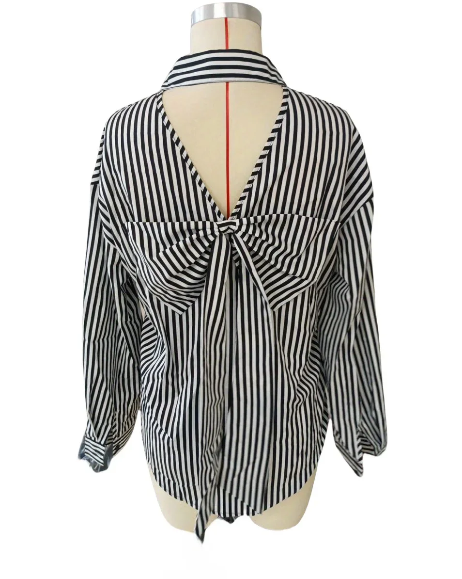 Elegant Women Tops Streetwear 2024 Autumn/Winter New Blouses Striped Printed Back Bow Front Button Long Sleeve Shirt for Female
