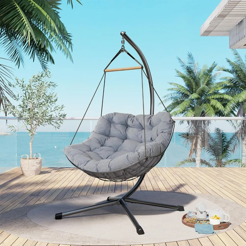 Outdoor Swing Egg Chairs with Stand Hammock Egg Chairs Set with Gray Cushion