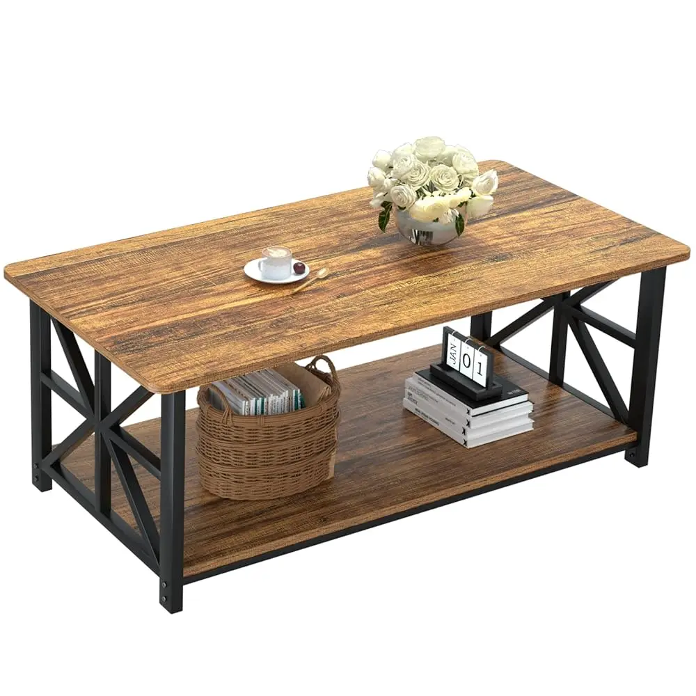 

Coffee Table With Round Corner, Farmhouse Center Table With 2-Tier Storage Shelf X-Frame Design For Living Room, 39 H Walnut
